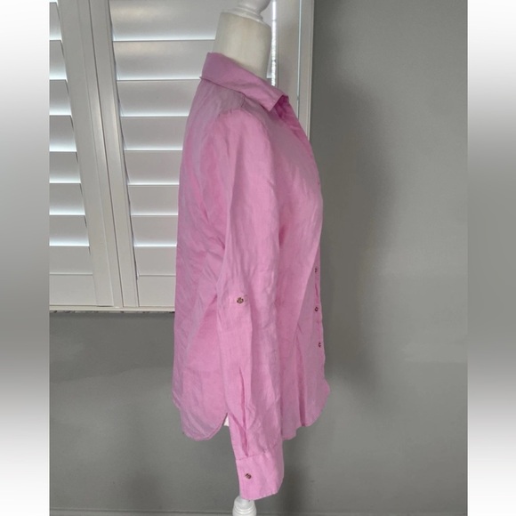 Zara Womens Small 100% Linen Pink Gold Long Sleeve Button Up Shirt Summer Beach - Picture 8 of 16